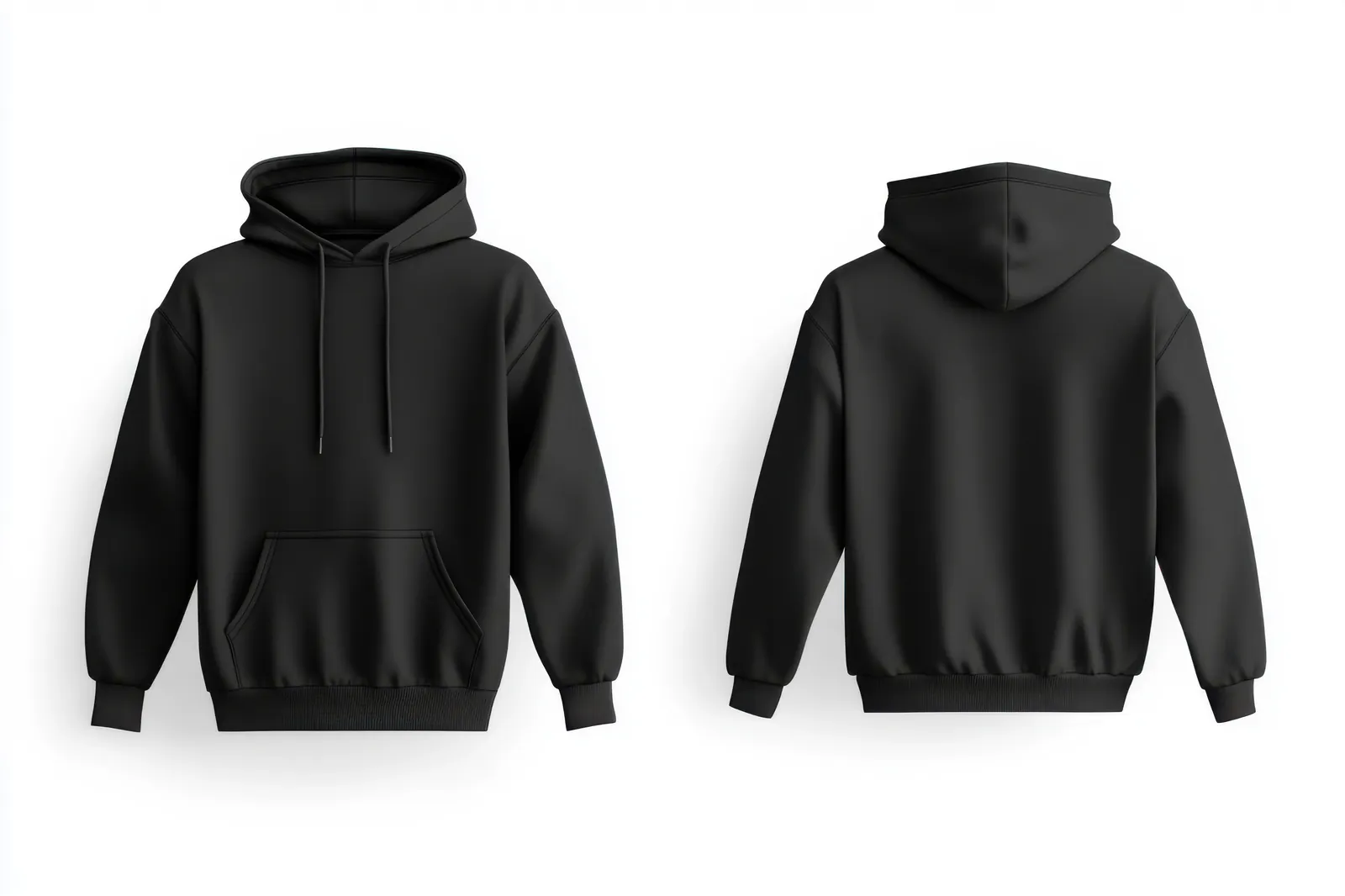 Blank black hoodie shown front and back, ready for custom printing