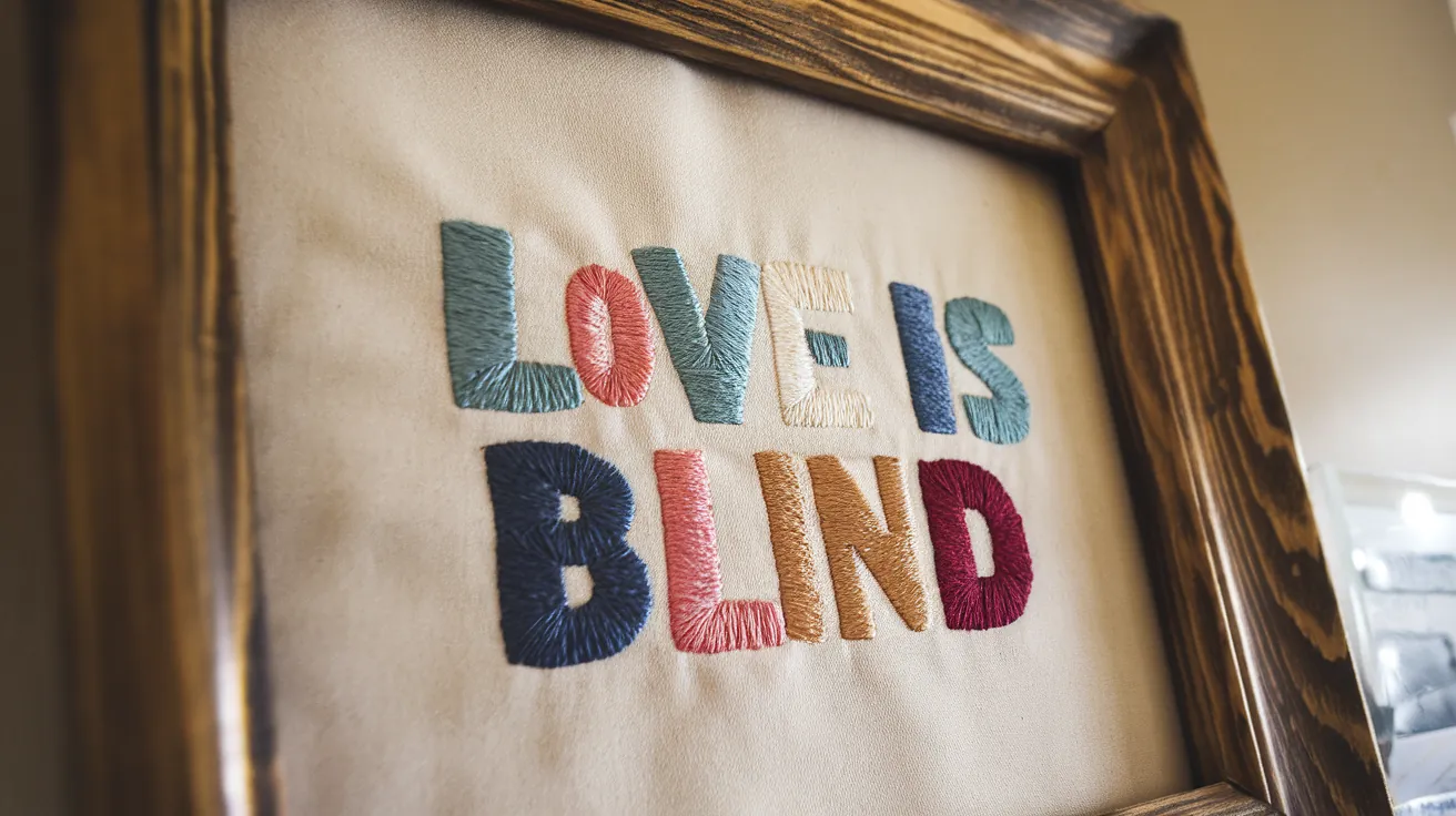 Framed multicolor LOVE IS BLIND custom embroidery commission