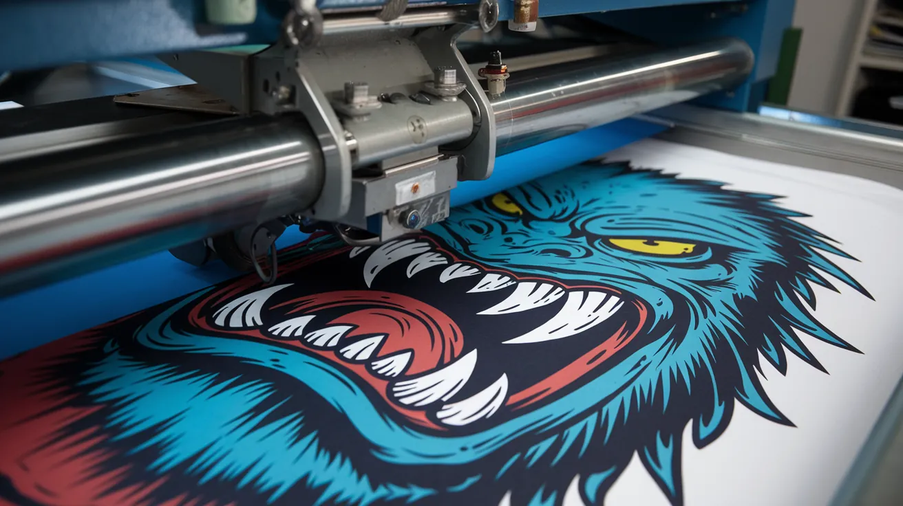 Vivid teal wolf graphic in full color under the DTF print head — no-minimum DTF printing