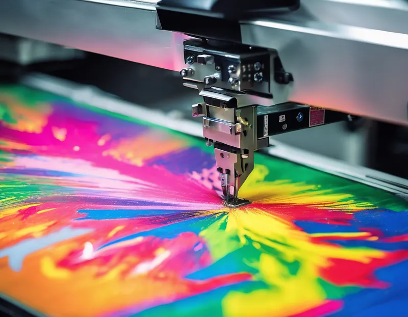 Macro close-up of an embroidery needle over rainbow-dyed thread on fabric