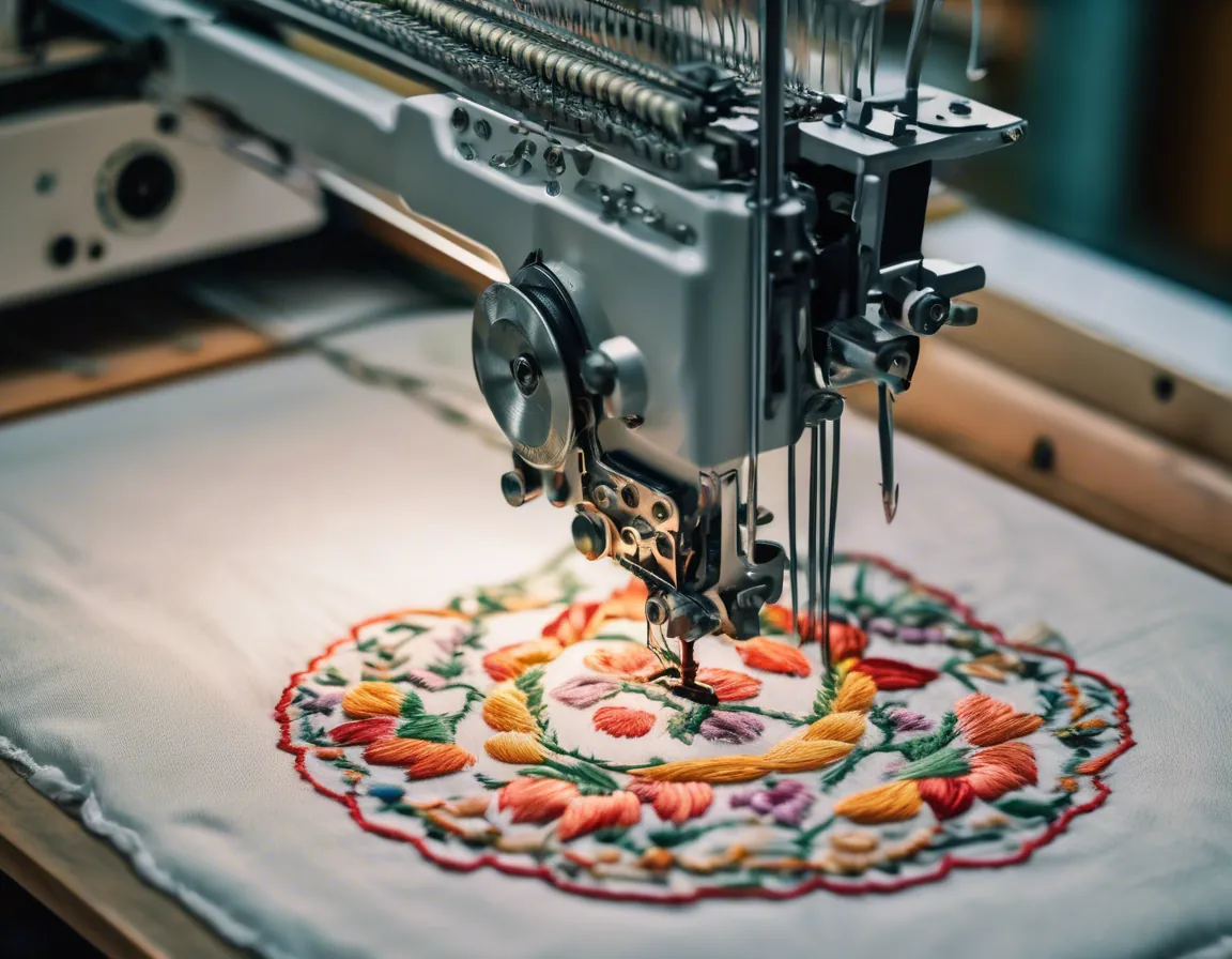 Colorful floral custom embroidery taking shape under the needles in the hoop